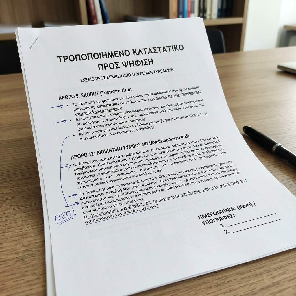 Printed Greek document titled 'ΤΡΟΠΟΠΟΙΗΜΕΝΟ ΚΑΤΑΣΤΑΤΙΚΟ ΠΡΟΣ ΨΗΦΙΣΗ' with handwritten annotations and underlining